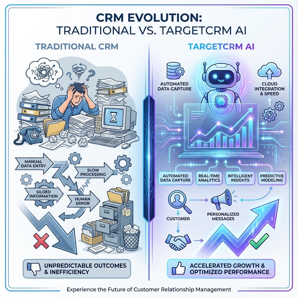 Traditional CRM vs TargetCRM AI Impact Infographic