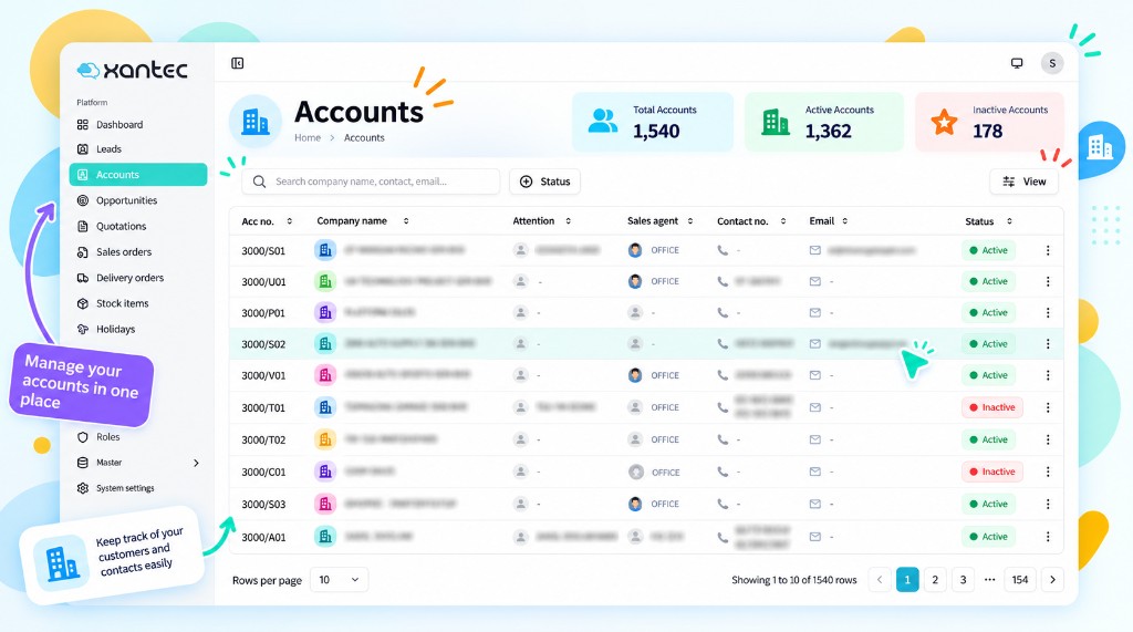 TargetCRM accounts list for managing Malaysian SME customers, contacts, and account status