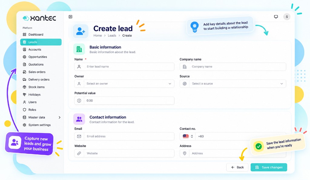 TargetCRM lead creation form to capture company, contact number, and lead source