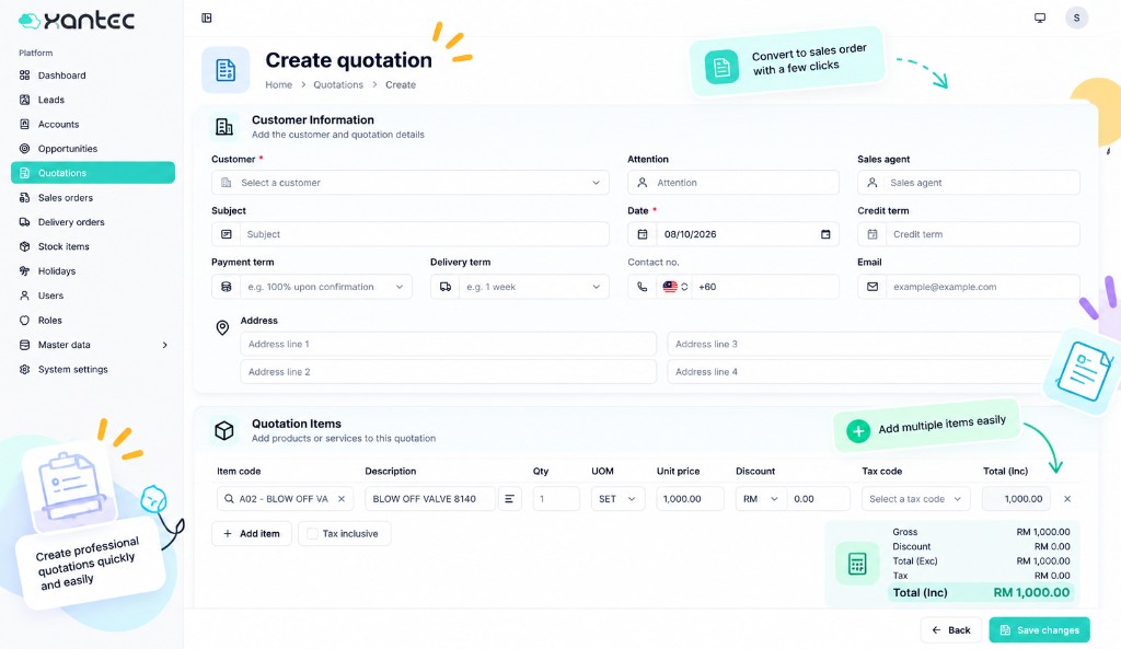 TargetCRM create quotation screen with line items, tax, and convert to sales order