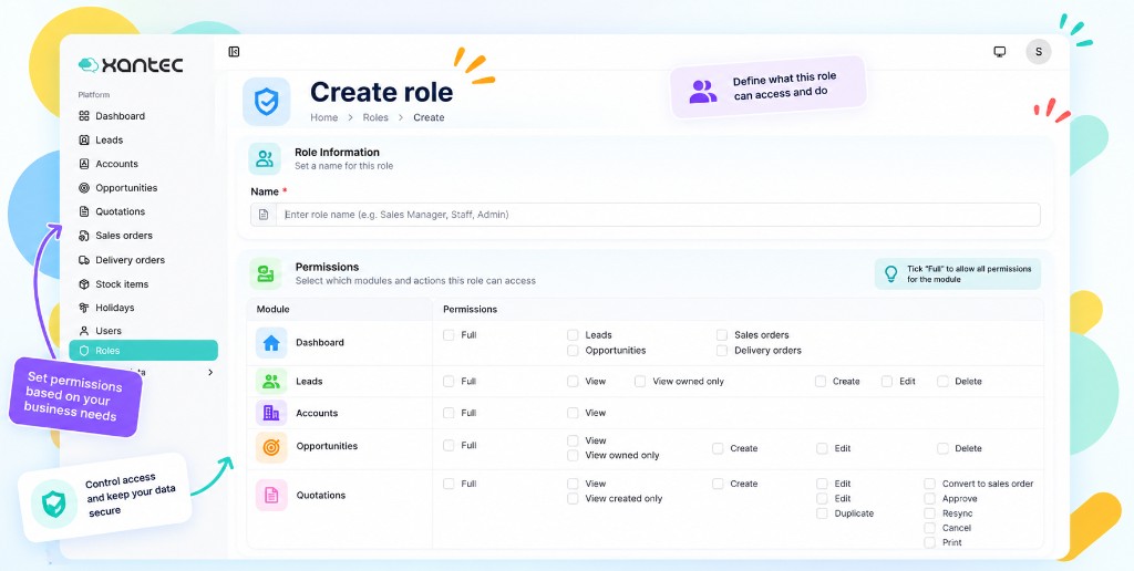 TargetCRM role permissions screen to control CRM module access for sales teams